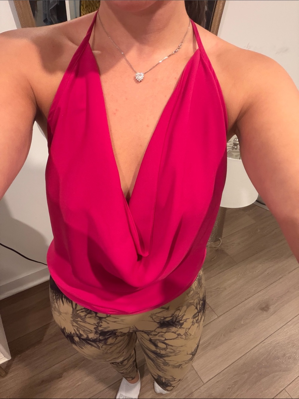 Olivaceous Hot Pink Halter Drape Cowl Front Camisole